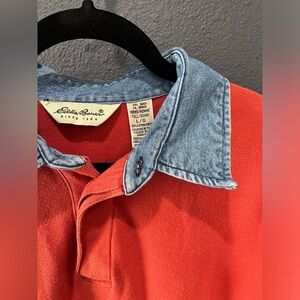 Eddie Bauer Vintage Orange Polo with Denim Collar Men’s Large
